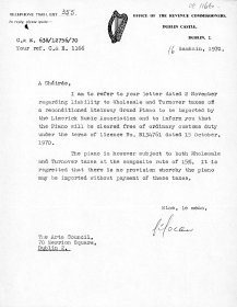 Letter from the Office of the Revenue Commisioners acknowledging receipt of the Arts Council's letter of 2 November 1970.